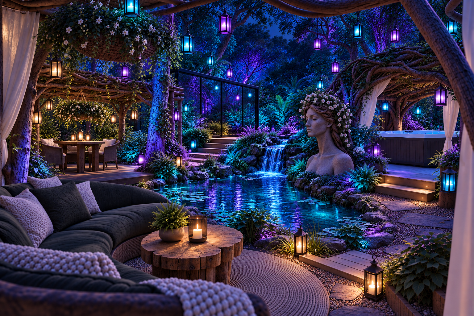 Nouri cabin at night, bioluminescent lighting