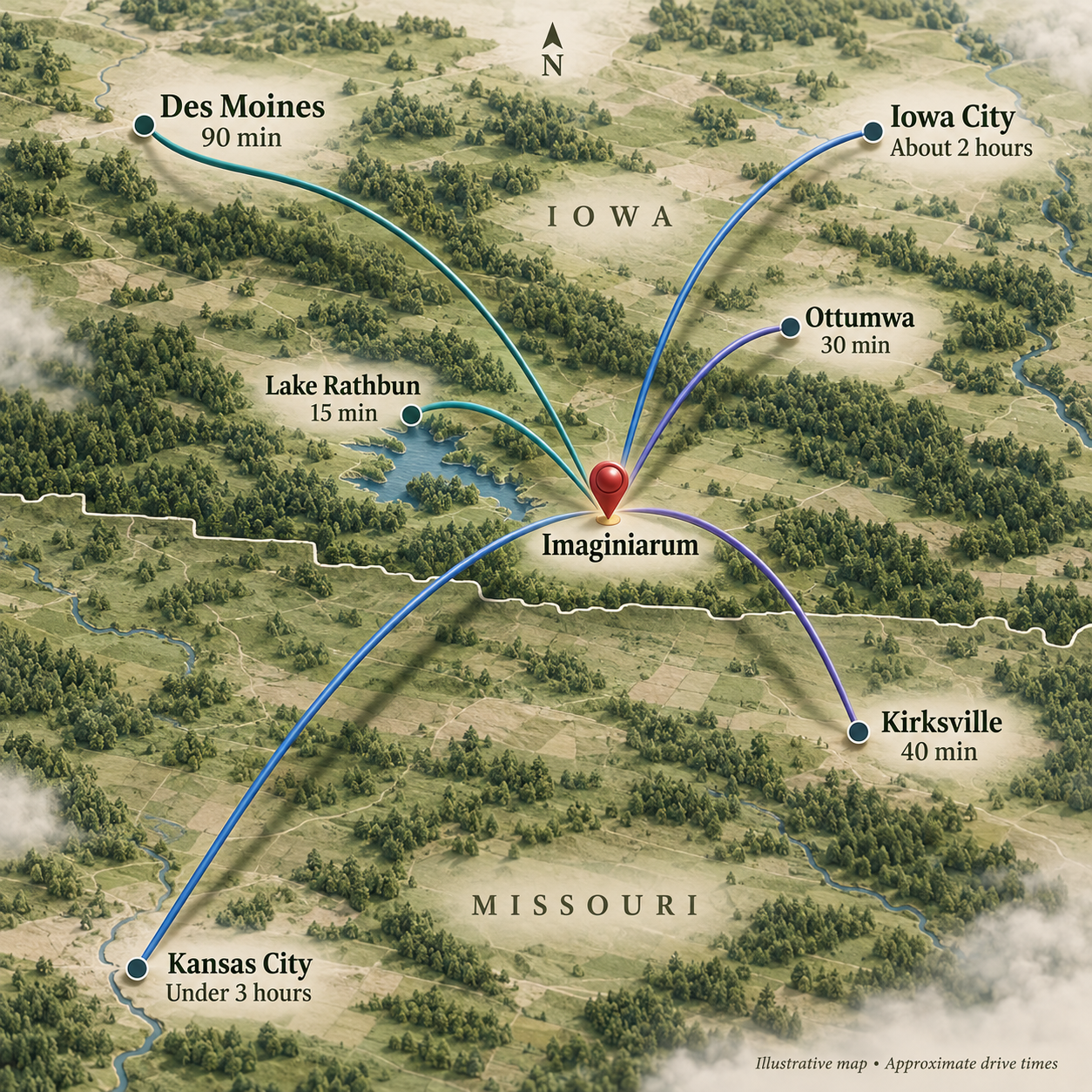 Illustrated map: Imaginarium drive times to Lake Rathbun, Ottumwa, Kirksville, Des Moines, Iowa City and Kansas City